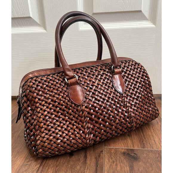 Talbots Handbags - TALBOTS Vintage Brown Leather Woven Zip Top Handle Doctor's Bag Purse Satchel